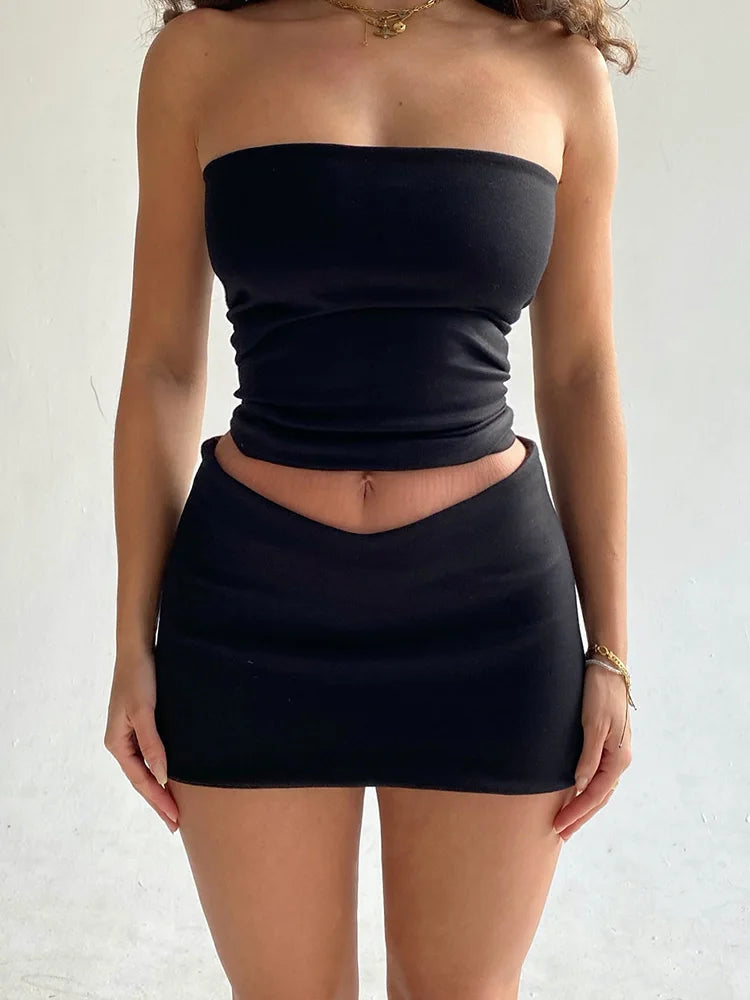 Hugcitar Solid Sleeveless Folds Tube Crop Top & Skirt Set – 2 Piece Summer Fashion Streetwear, Beach Clothing