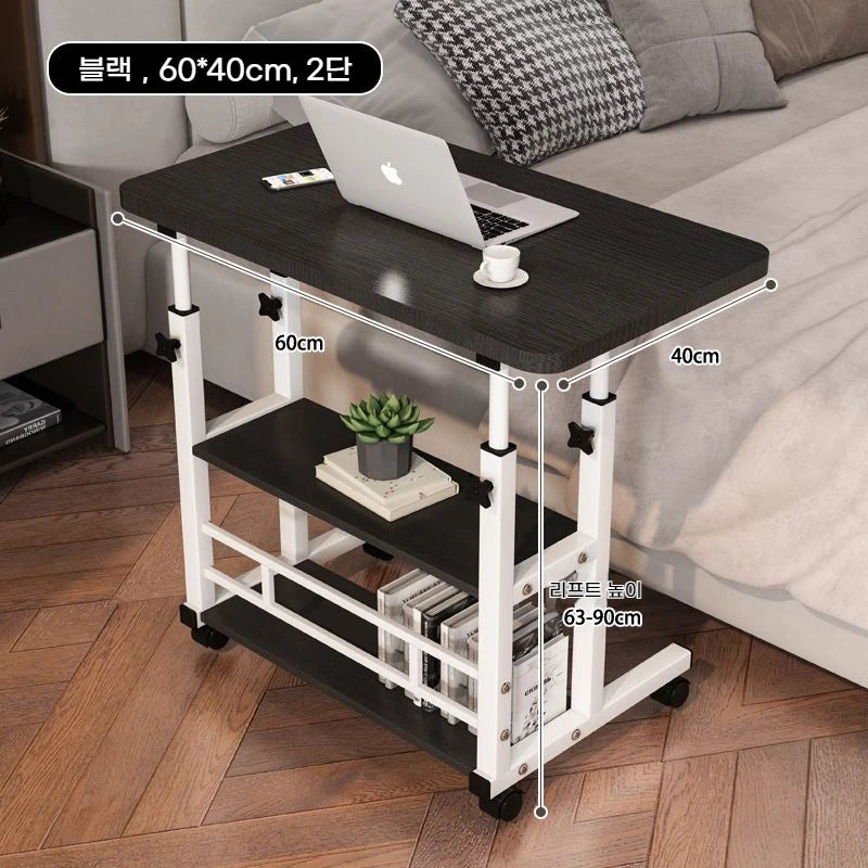 Double-Layer Movable Desk – Bedside Laptop Table with Storage Shelf, White Lift Office & Bedroom Desk