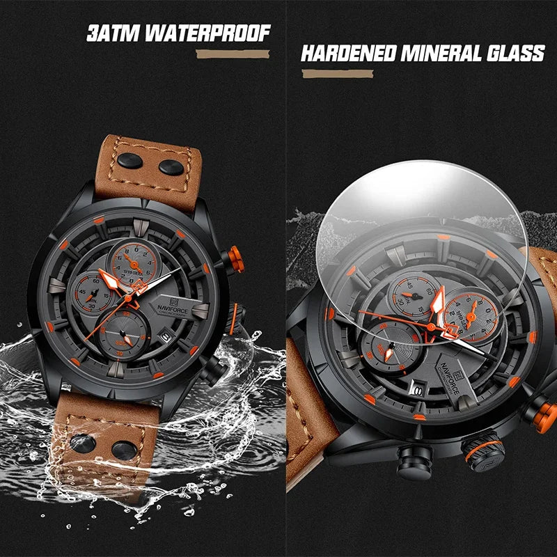 NAVIFORCE Men's Casual Watch – Luxury Waterproof Chronograph Quartz Wristwatch with Genuine Leather Strap