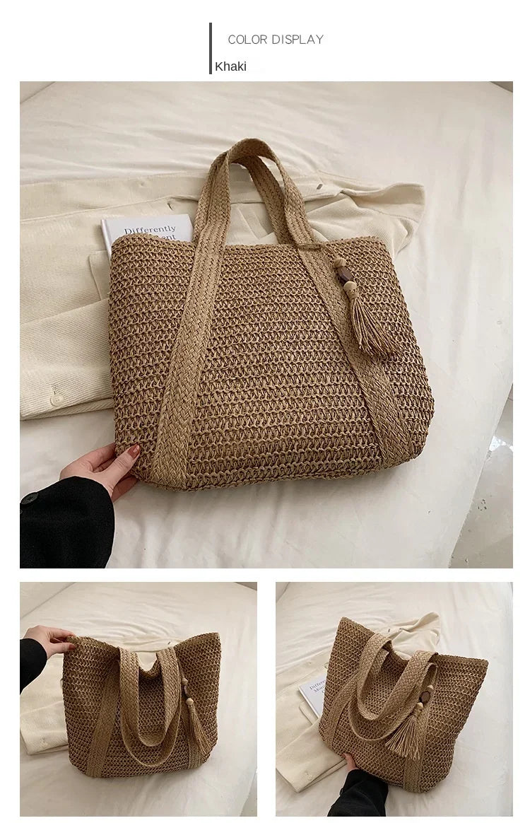 Elegant Straw Woven Handbag – Women’s Retro Beach & Casual Tote Top-Handle Shoulder Bag 2024