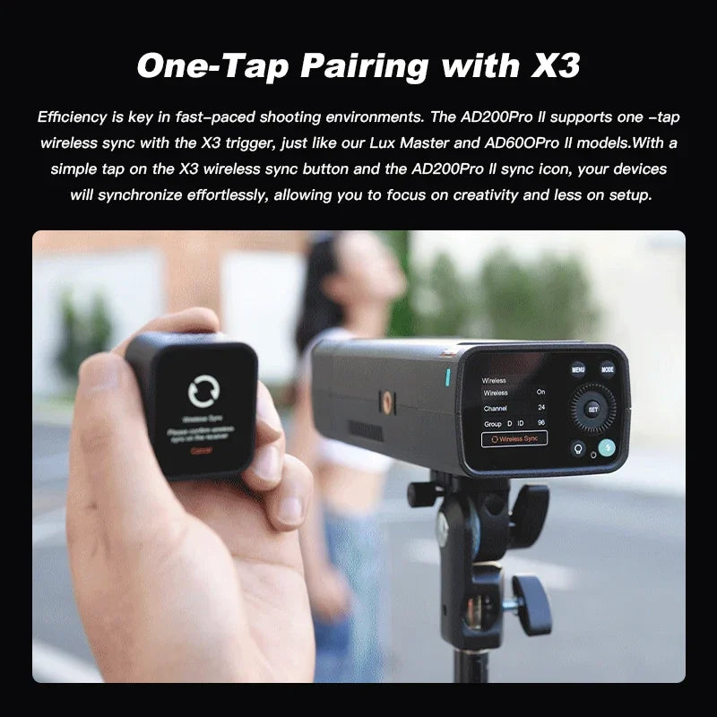 Godox AD200 Pro II Flash – 200Ws, 1/8000 HSS, 2980mAh Battery, 2.4G Wireless X System, Bi-Color Modeling Lamp Speedlight Flash