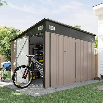 11.5'x7.5' Outdoor Metal Storage Shed – Triple Lockable Door with Sloping Roof for Tools & Bicycles