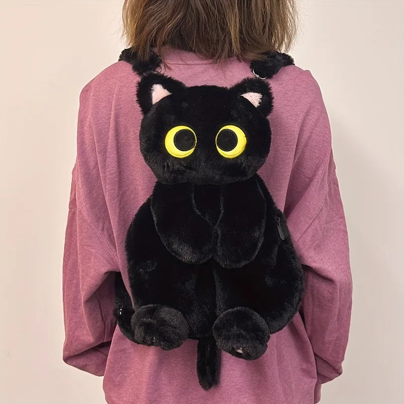 Black Cat Plush Backpack – Kawaii Kitten Doll Shoulder Bag with Large Capacity & Soft Toy Design