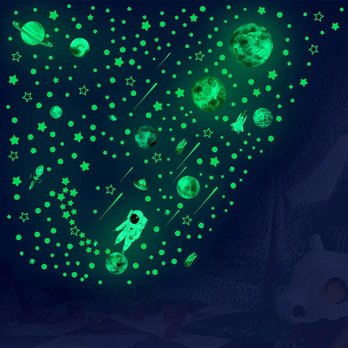 849Pcs Glow in the Dark Stars and Planets Wall Stickers - Luminous Spaceship and Fluorescent Star Decals for Ceiling Decoration