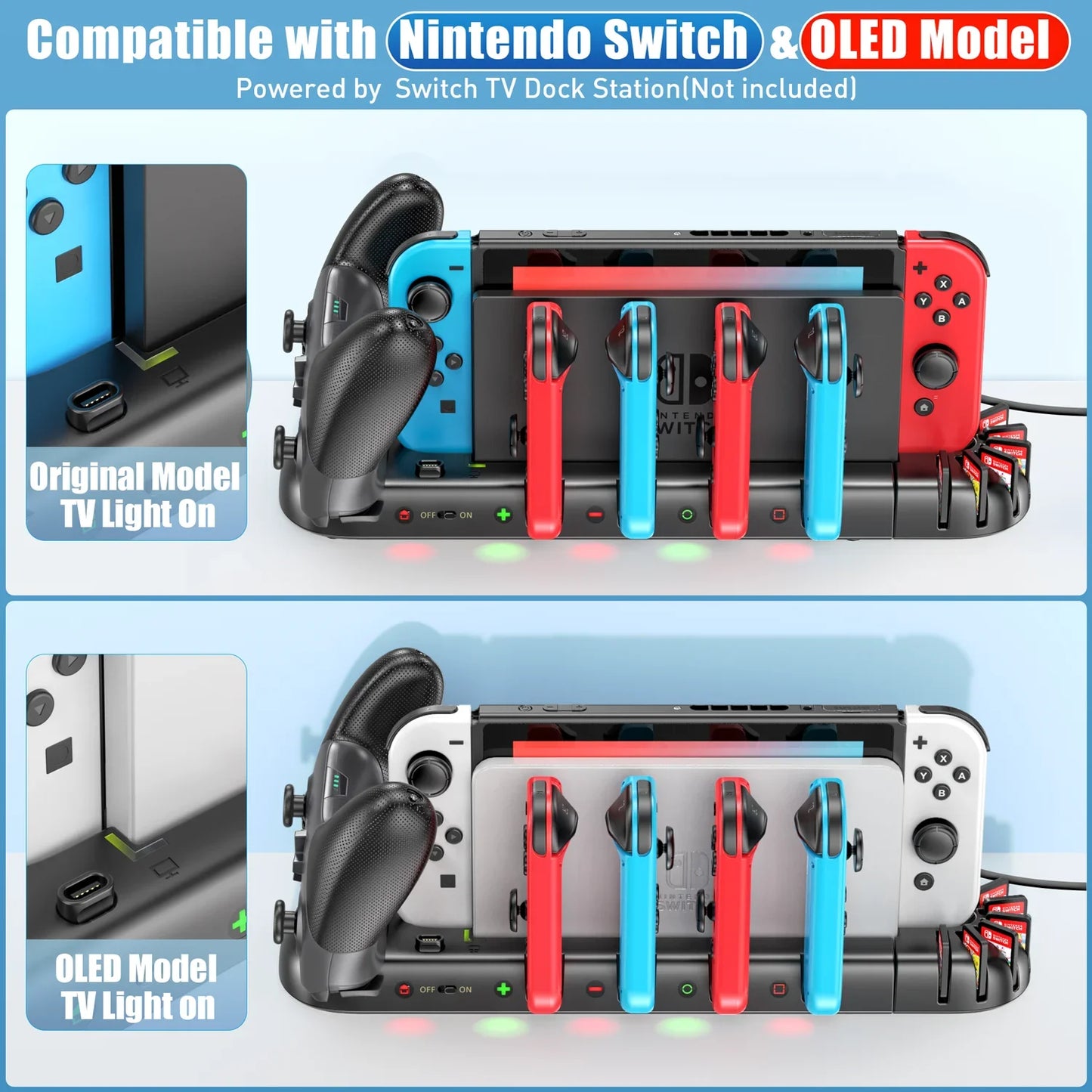 Switch Joy-Con & Pro Controller Fast Charging Dock — 8-Game Slot Station for Nintendo Switch OLED