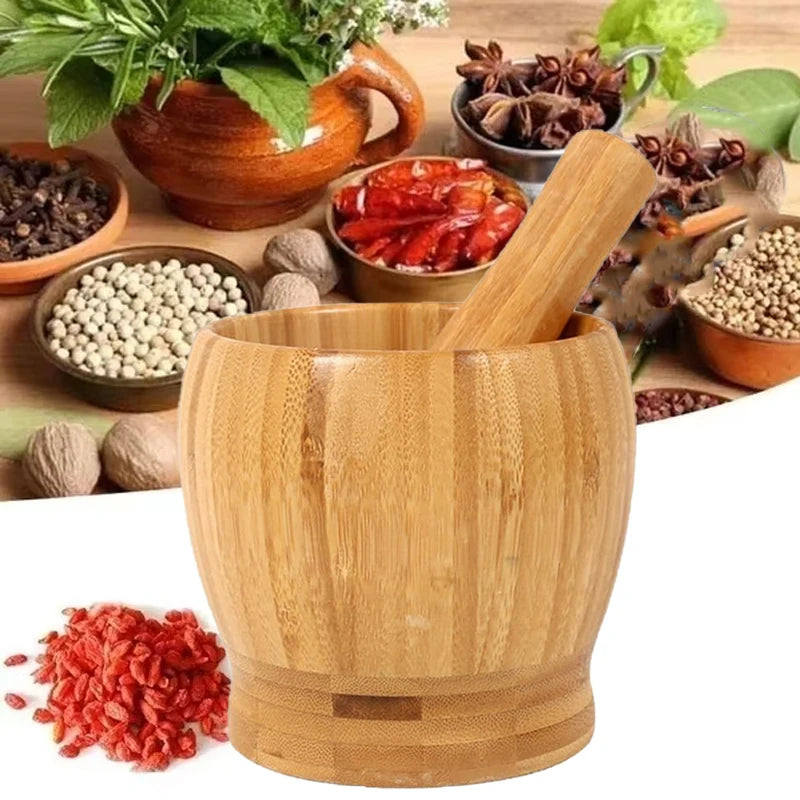 Traditional Bamboo Mortar & Pestle Set – Garlic, Herb & Spice Grinder for Kitchen Crushing and Mashing