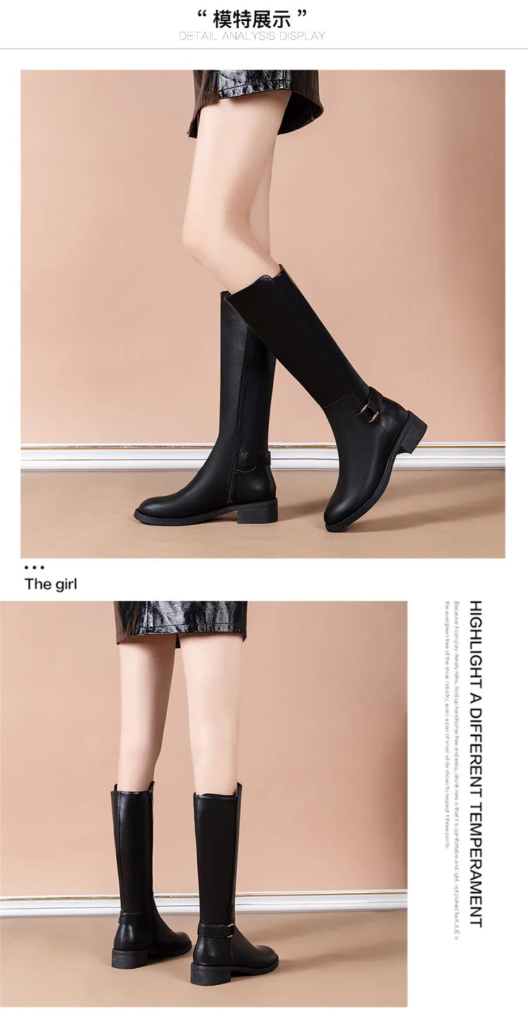 Women’s Black PU Leather Knee-High Boots – Metal Buckle, Fashion Outdoor Long Shoes, Size 34-41