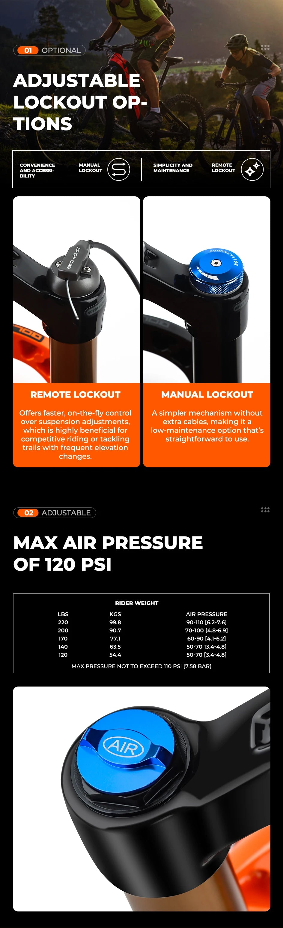 BOLANY Bike Air Fork – 27.5/29inch, 120mm Travel, Lightweight Magnesium Alloy Oil Air Suspension with Quick Release