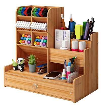 Wooden Desk Organizer DIY, Large Capacity Pen Holder with Drawer, Desktop Tidy and Stationery Storage Box for Home, Office, and School