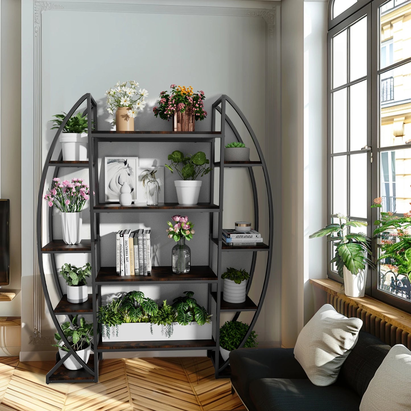 Large 5-Tier Metal and Wood Plant Stand – Flower Display Shelf and Living Room Bookshelf