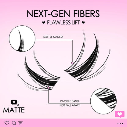 WOSHEER Manga Lash Clusters Kit – Clear Fairy Wet-Look Spiky Individual Anime Eyelashes