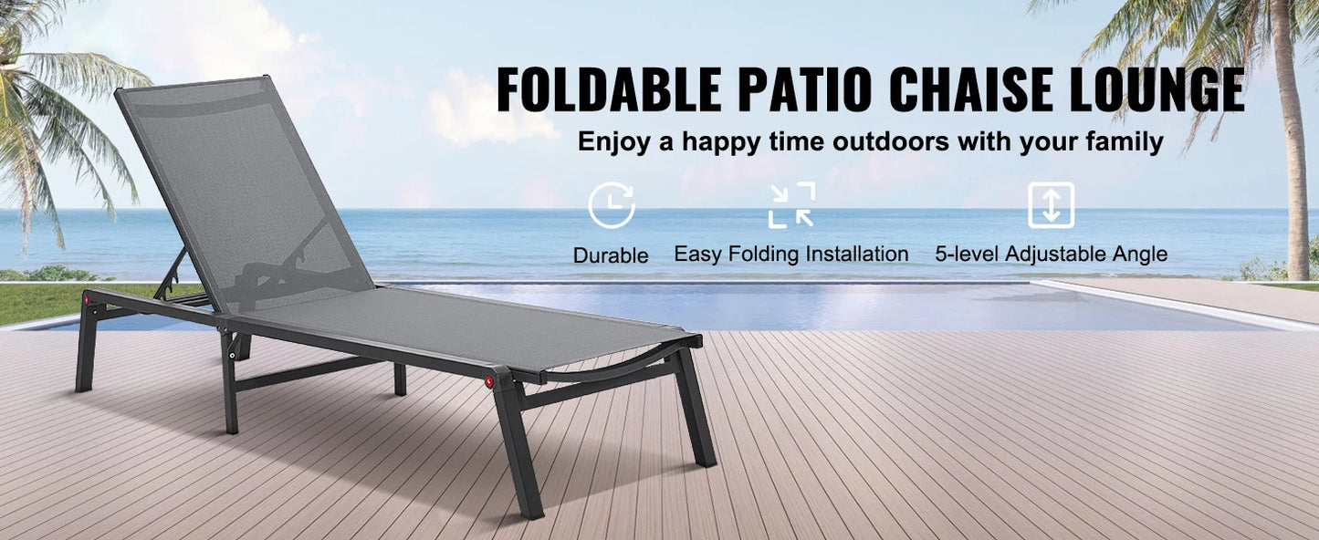 SucceBuy Outdoor Aluminum Chaise Lounge Chair — Folding Patio Pool Recliner, Full Flat Sun Lounger in Dark Grey