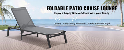 SucceBuy Outdoor Aluminum Chaise Lounge Chair — Folding Patio Pool Recliner, Full Flat Sun Lounger in Dark Grey