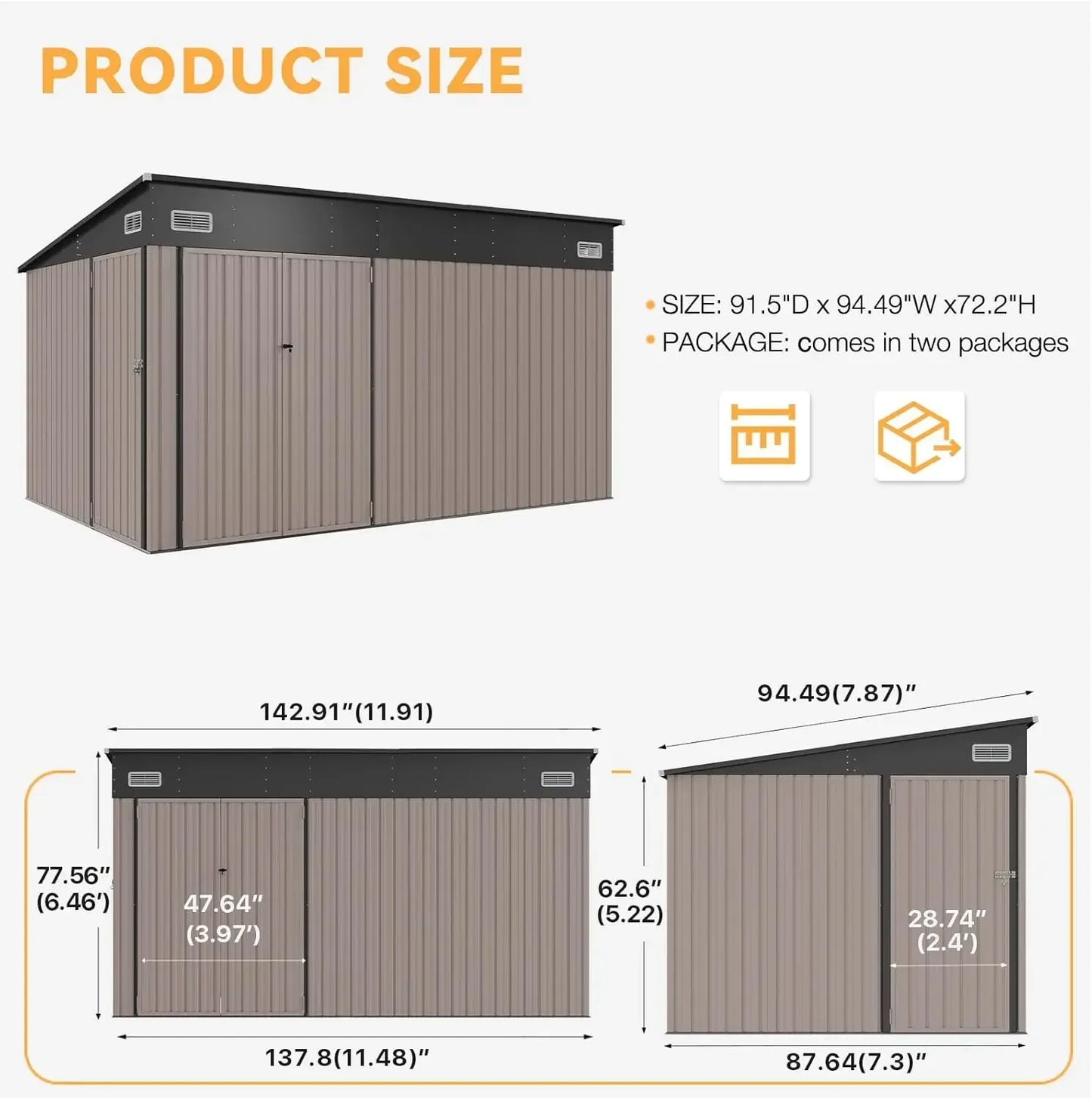 11.5'x7.5' Outdoor Metal Storage Shed – Triple Lockable Door with Sloping Roof for Tools & Bicycles