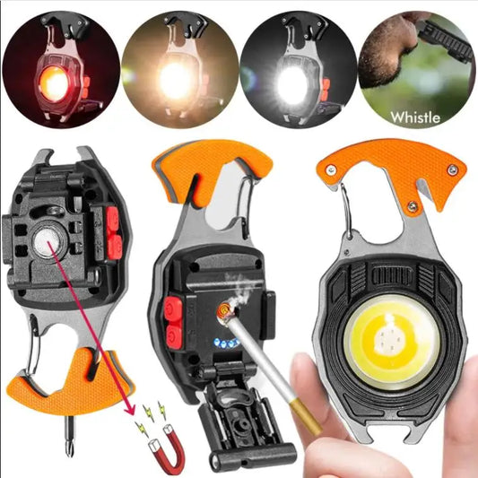 COB Work Lights - 3 Gears Rechargeable Flashlight with Multifunctional Features - Perfect for Camping, Includes Cigarette Lighter Screwdriver & LED Keychain Lamp