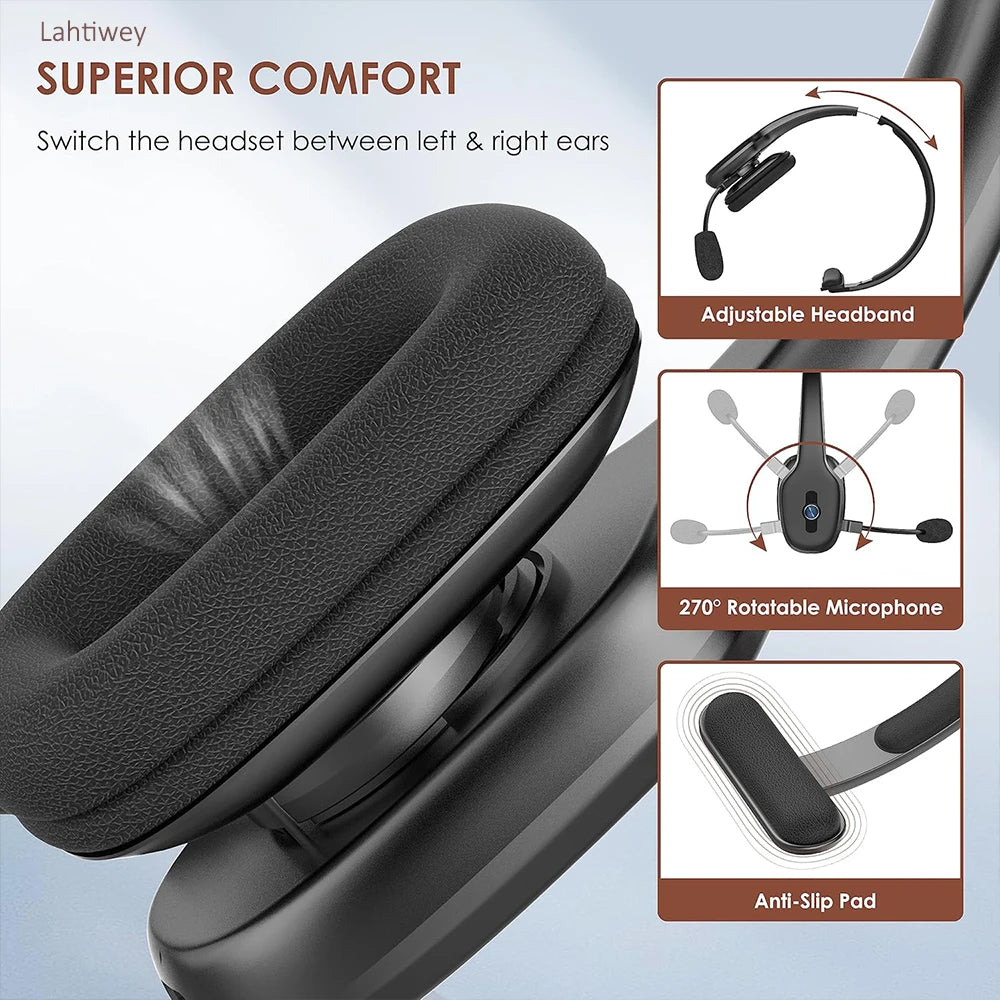 Bluetooth V5.3 Wireless Headset – Truck Driver & Office Hands-Free Call Headphones with Microphone