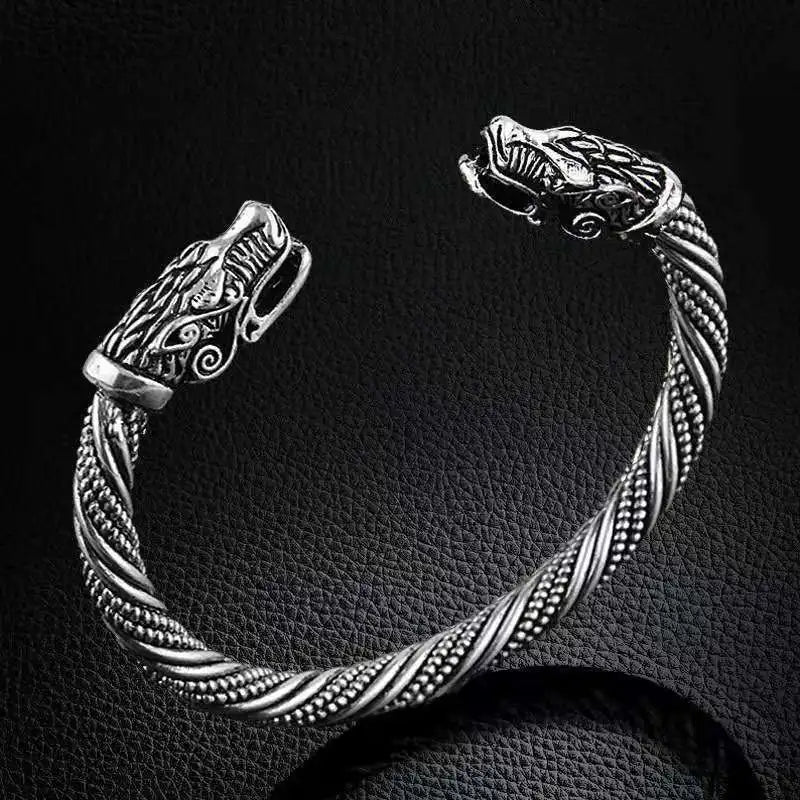 Vintage Viking Double-Headed Wolf Bracelet – Adjustable Twist Design Men's Fashion Punk Jewelry Accessory