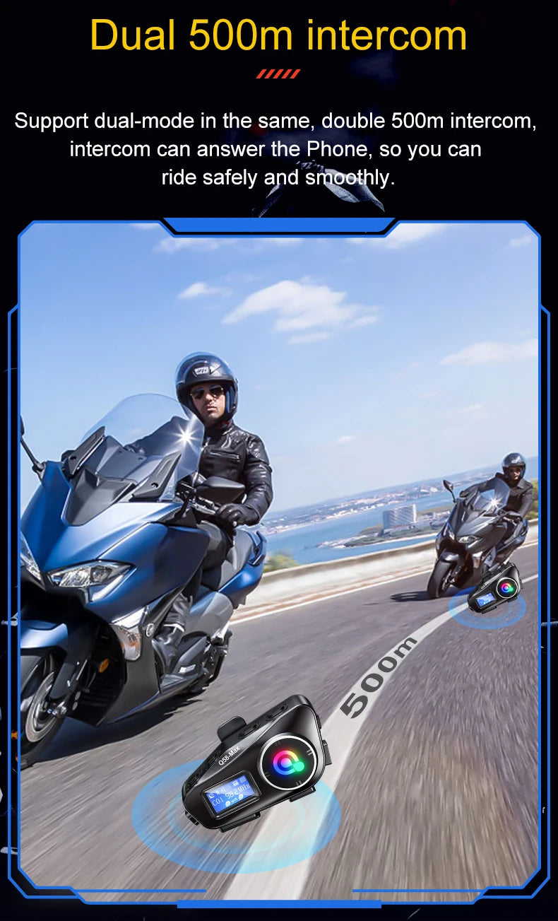 Q58 Max Motorcycle Helmet Bluetooth Intercom – IP65 Waterproof, 500M Range, Multi-Scene Music Sharing