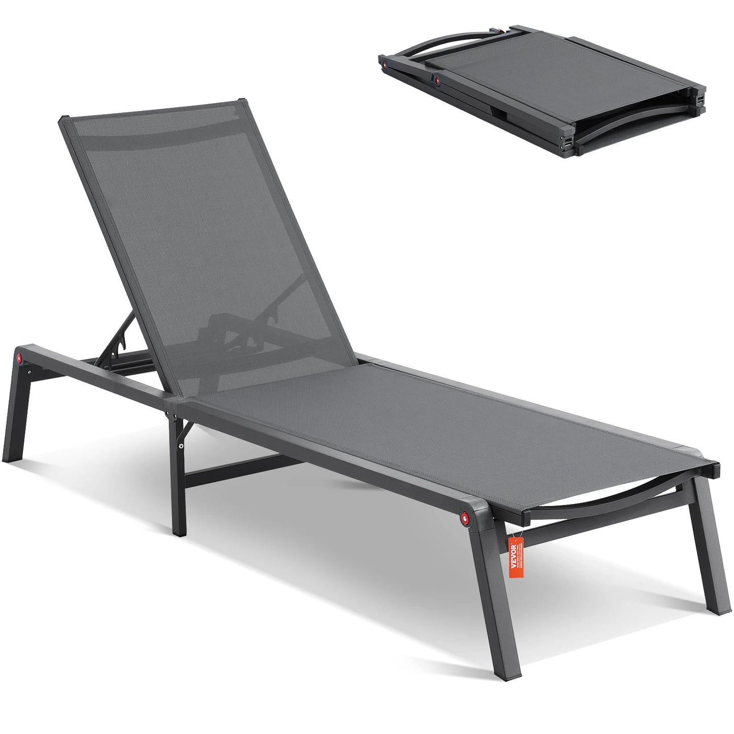SucceBuy Outdoor Aluminum Chaise Lounge Chair — Folding Patio Pool Recliner, Full Flat Sun Lounger in Dark Grey