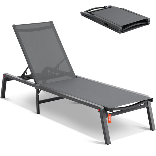SucceBuy Outdoor Aluminum Chaise Lounge Chair — Folding Patio Pool Recliner, Full Flat Sun Lounger in Dark Grey