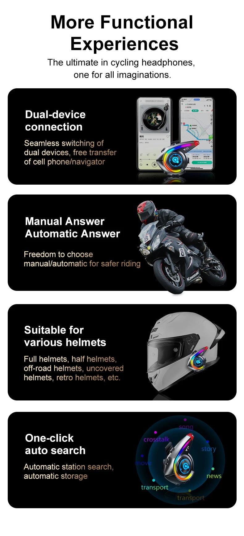 KEBIDUMEI Y21 Motorcycle Helmet Bluetooth Headset — Earphone Music Player with FM Radio & SOS Warning Light
