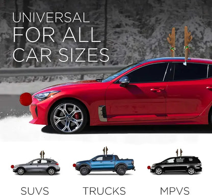 Christmas Car Decoration Kit – Deer Antlers with Red Nose & Tail Holiday Pendant Accessories