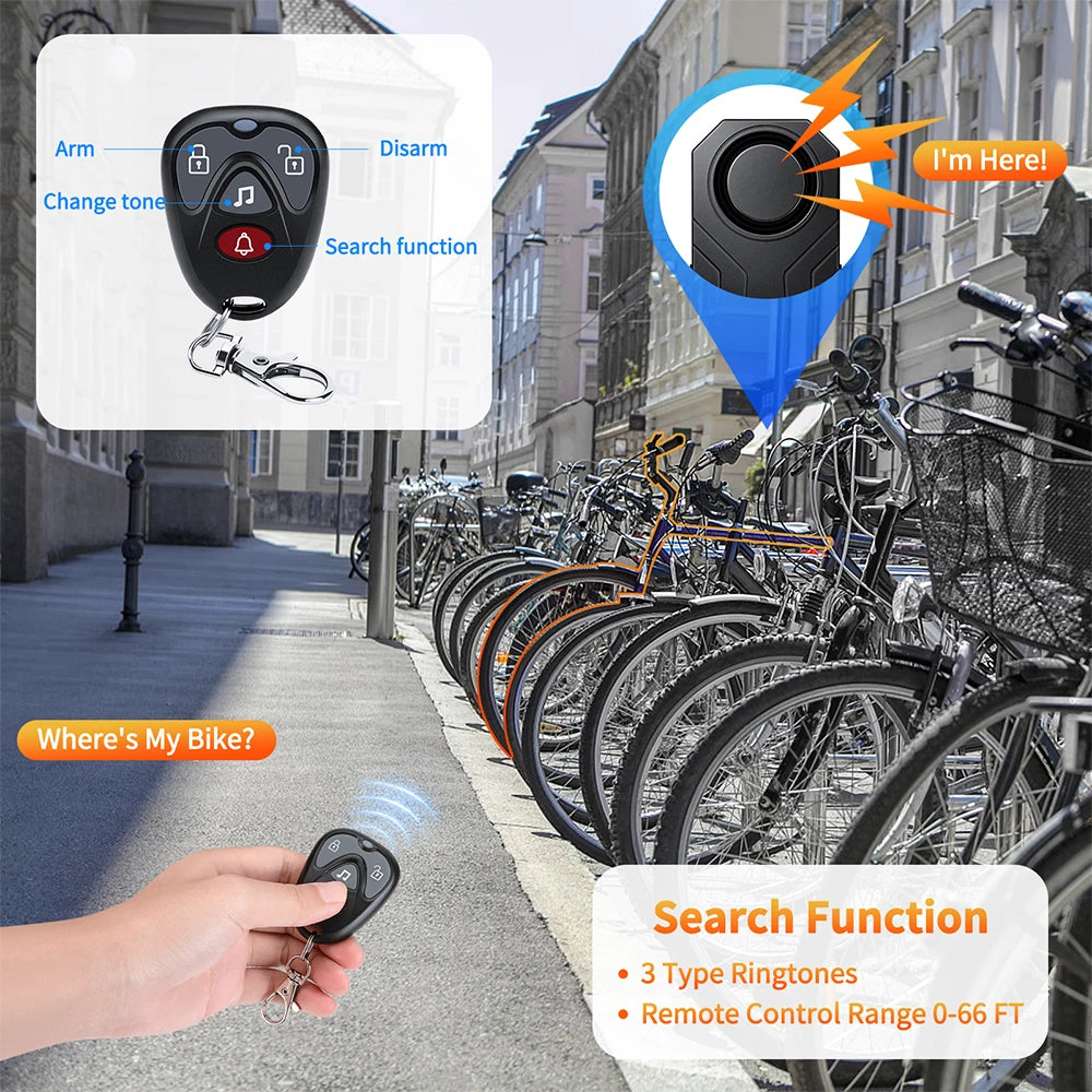 Wsdcam Vibration Bicycle Alarm – USB Rechargeable Anti-Theft Motorcycle Bike Alarm 113 dB Waterproof with Remote Control