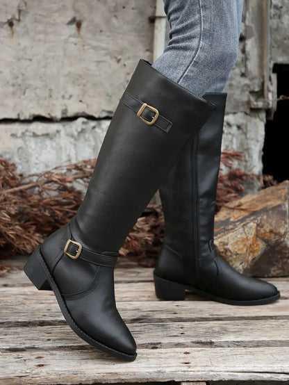 Women’s Winter High-Top Knight Boots – Side Zipper & Belt Buckle, Pointed Toe, PU Material with Cotton Lining