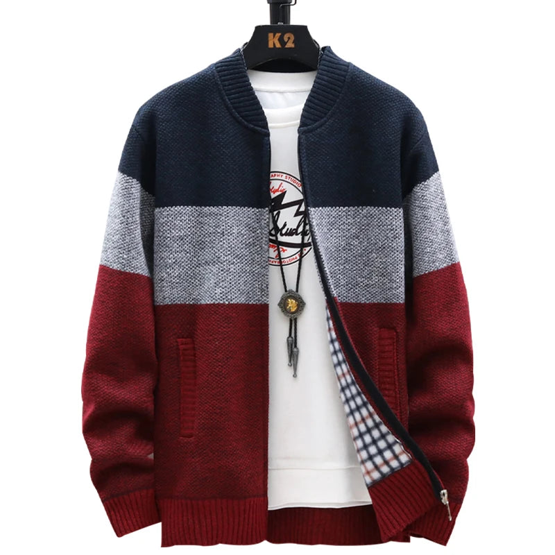 Men's Fleece Zipper Cardigan – Autumn Winter Velvet Striped Sweater Jacket
