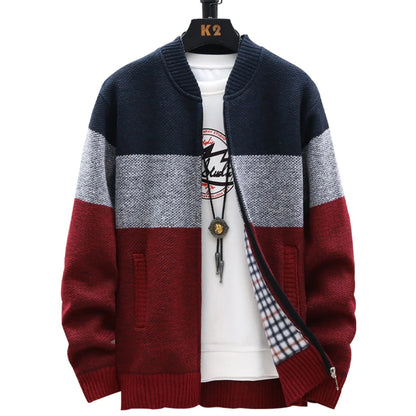 Men's Fleece Zipper Cardigan – Autumn Winter Velvet Striped Sweater Jacket