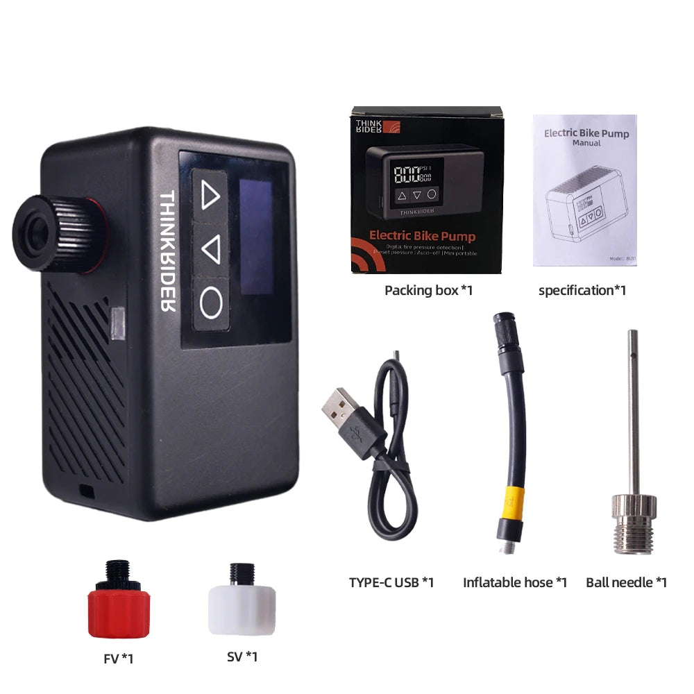 ThinkRider 120 PSI Mini Electric Bike Pump – Portable Tire Inflator with Digital Gauge Display
