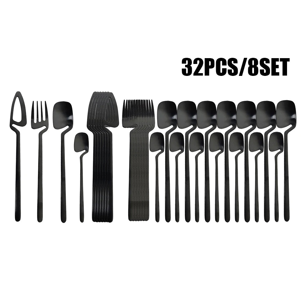 32-Piece Black Matte Stainless Steel Cutlery Set – Knife, Fork, Spoon Dinnerware for Bar, Party & Kitchen