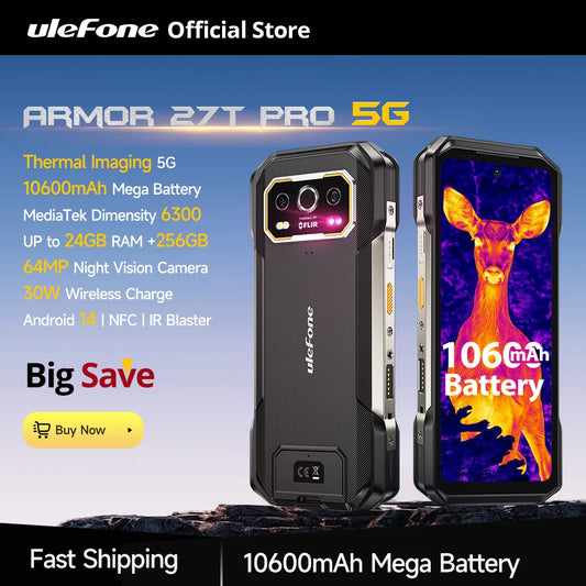 Ulefone Armor 27T Pro 5G Rugged Phone - 10600mAh, Android 14, 50MP+64MP Night Camera, 6.78" Display, 24GB+256GB, NFC