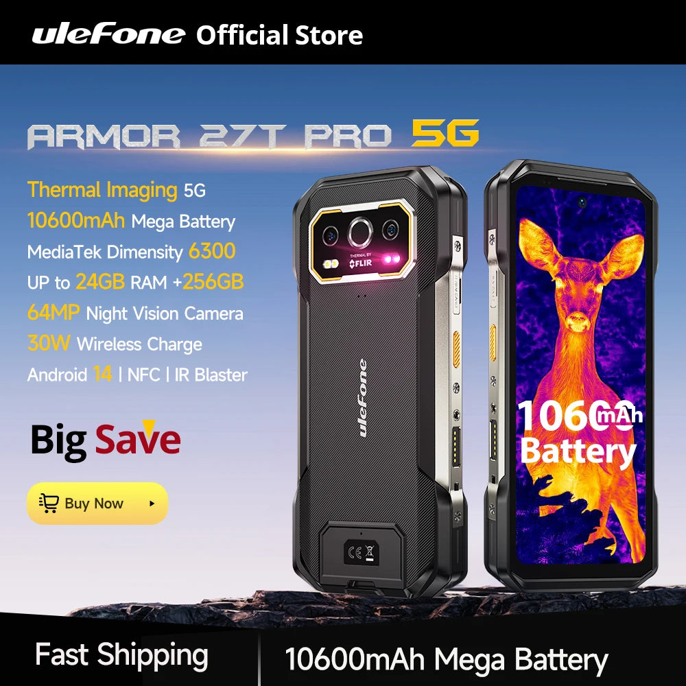 Ulefone Armor 27T Pro 5G Rugged Smartphone – 10600mAh, Android 14, 50MP+64MP Night Camera, 6.78" 120Hz, 24GB+256GB, NFC