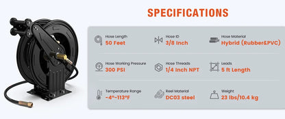 50FT Auto-Retractable Pressure Washer Hose Reel – Heavy Duty 300 PSI Steel Dual Arm Hose for Power Washers