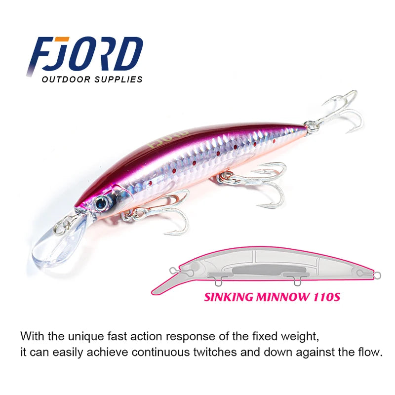 FJORD Heavy Sinking Minnow Fishing Lures – 110S 37g, 90S 29g, 70S 17g Saltwater & Freshwater Jerkbait