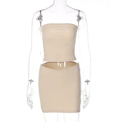 Hugcitar Solid Sleeveless Folds Tube Crop Top & Skirt Set – 2 Piece Summer Fashion Streetwear, Beach Clothing