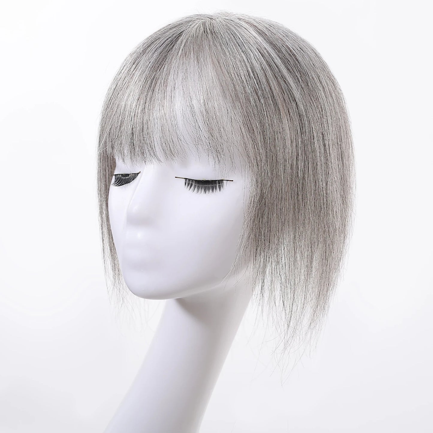 Light Grey Human Hair Topper with Thick Bangs – Clip-In 360° Coverage Hair Extensions for Women
