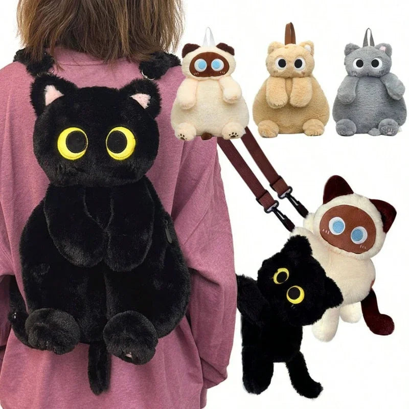 Black Cat Plush Backpack – Kawaii Kitten Doll Shoulder Bag with Large Capacity & Soft Toy Design