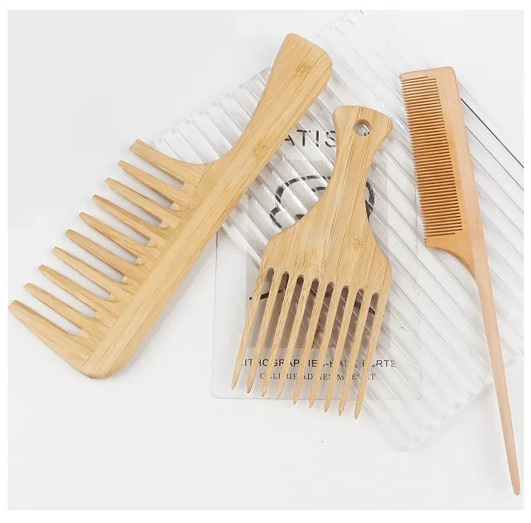 Natural Bamboo Wooden Hair Comb – Anti-Static Afro Fork, Wide Tooth Round Comb & Hair Brush for Women