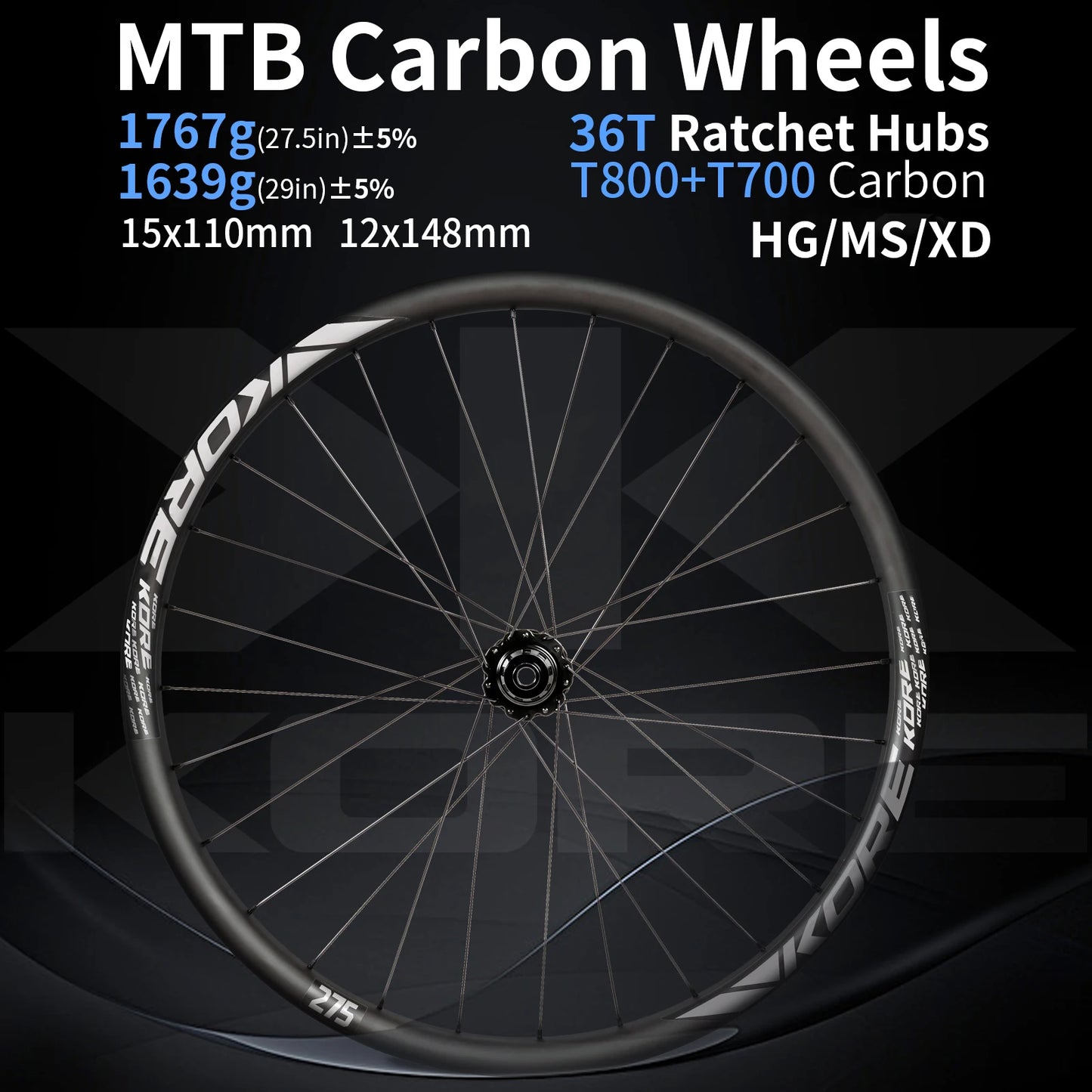 KORE MTB Carbon Wheelset – 27.5/29in Enduro & Downhill with 36T Ratchet HG Hub, BOOST, 28H, 30–36mm Width