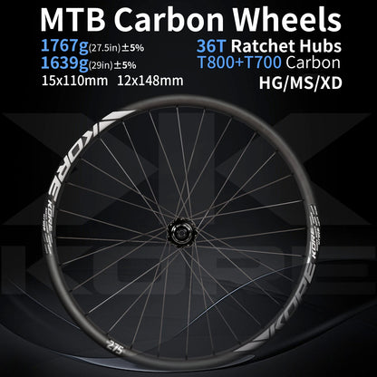 KORE MTB Carbon Wheelset – 27.5/29in Enduro & Downhill with 36T Ratchet HG Hub, BOOST, 28H, 30–36mm Width