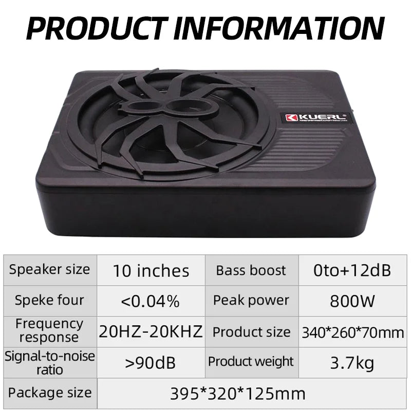 10 Inch Car Audio Subwoofer – 150W RMS Active Stereo, High Power Pure Bass Slim Speaker for Under-Seat Installation