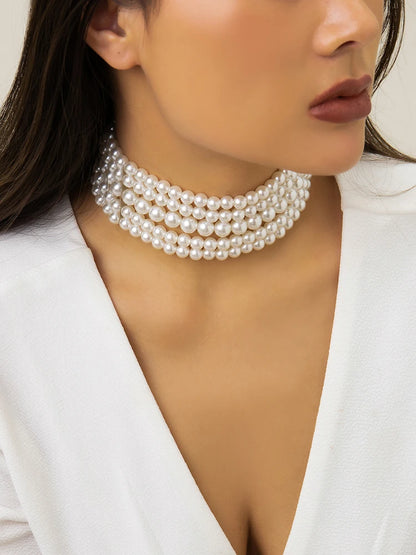 Vintage Imitation Pearl Multi-Layer Necklace – Elegant Oval Beads Choker Collar for Women, Chain Jewelry Accessories, Party Gift