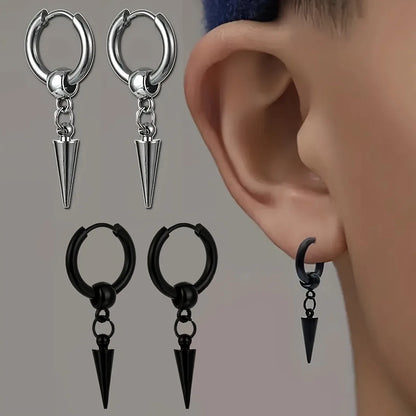 Fashion Stainless Steel Men's Cone Pendant Earrings | Retro Punk Hip-Hop Style Dangle Earrings for Men