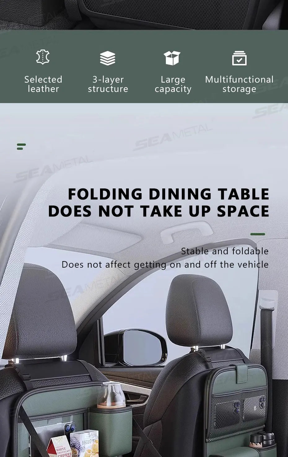 SEAMETAL Car Seat Back Organizer – Large Capacity Multi-Pocket Storage Bag with Foldable Tablet Tray