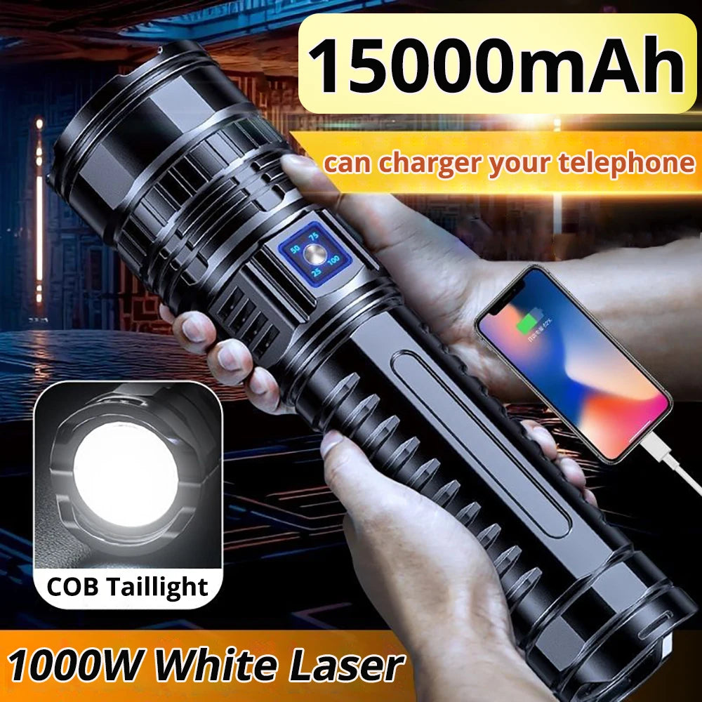 1000W Tactical LED Flashlight – Built-in 15000mAh Battery Emergency Spotlight, 9km Beam, 990,000,000LM Super Bright Torch