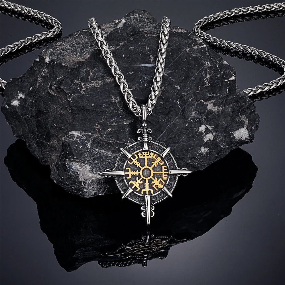 Retro Gold Viking Compass Necklace – Antique Stainless Steel Norse Rune Vegvisir Amulet Pendant for Men