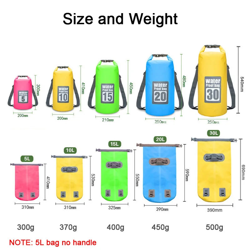 Outdoor PVC Waterproof Dry Bag – 5L/10L/15L/20L/30L Storage Sack for Canoe, Kayak, Rafting, Swimming & Travel