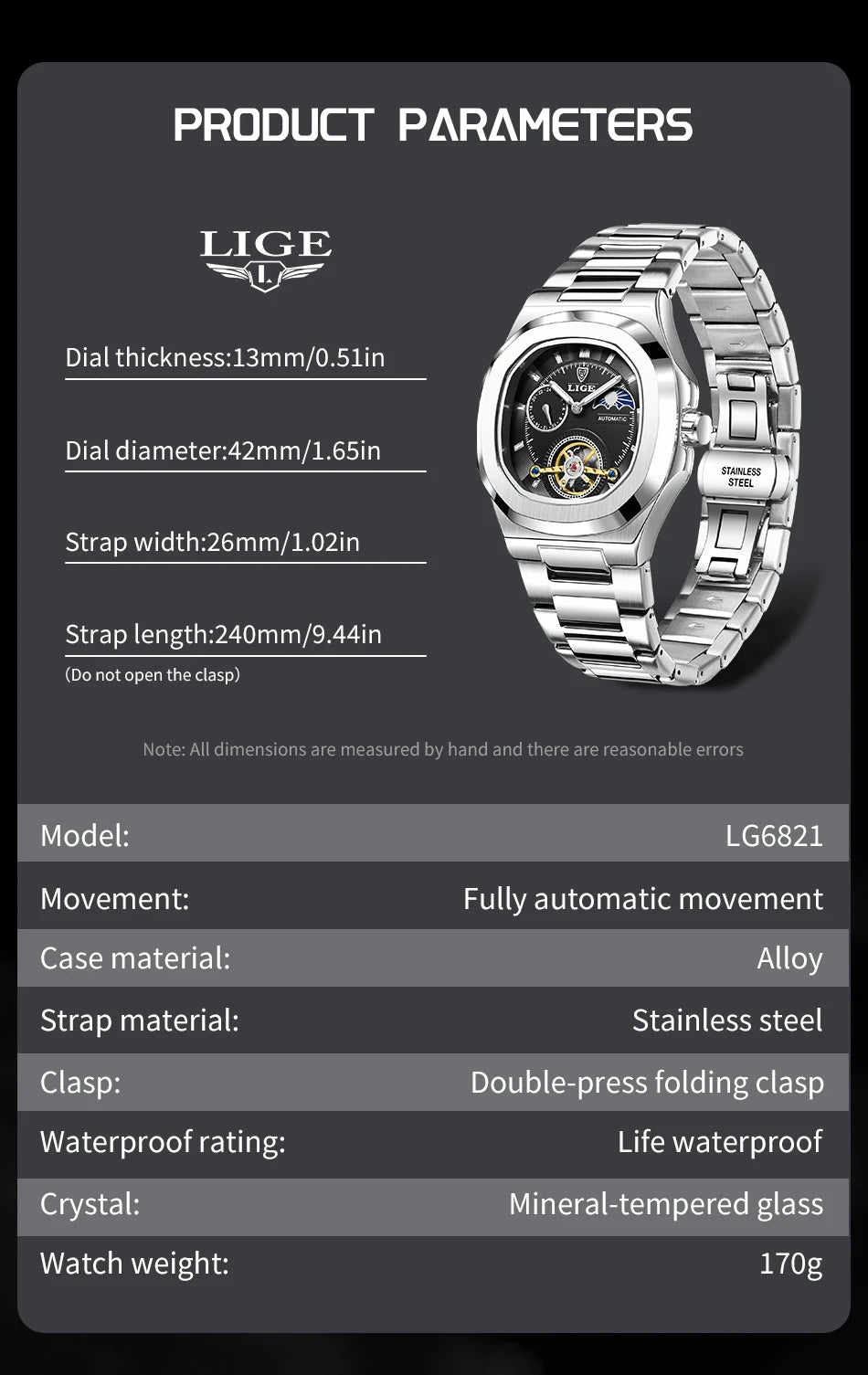LIGE Dual Seconds Tourbillon Watch – Men's Stainless Steel Mechanical Timepiece, 24H, Night Glow, Waterproof